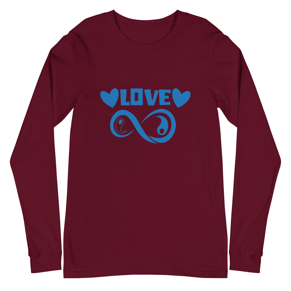 Infinite Love design on a maroon unisex long sleeve tee, front view
