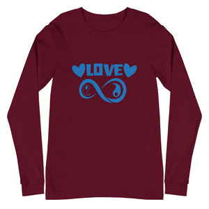 Infinite Love design on a maroon unisex long sleeve tee, front view