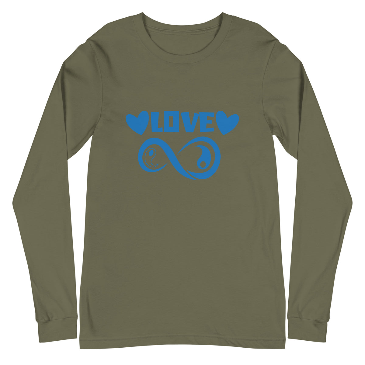 Infinite Love design on a military green unisex long sleeve tee, front view