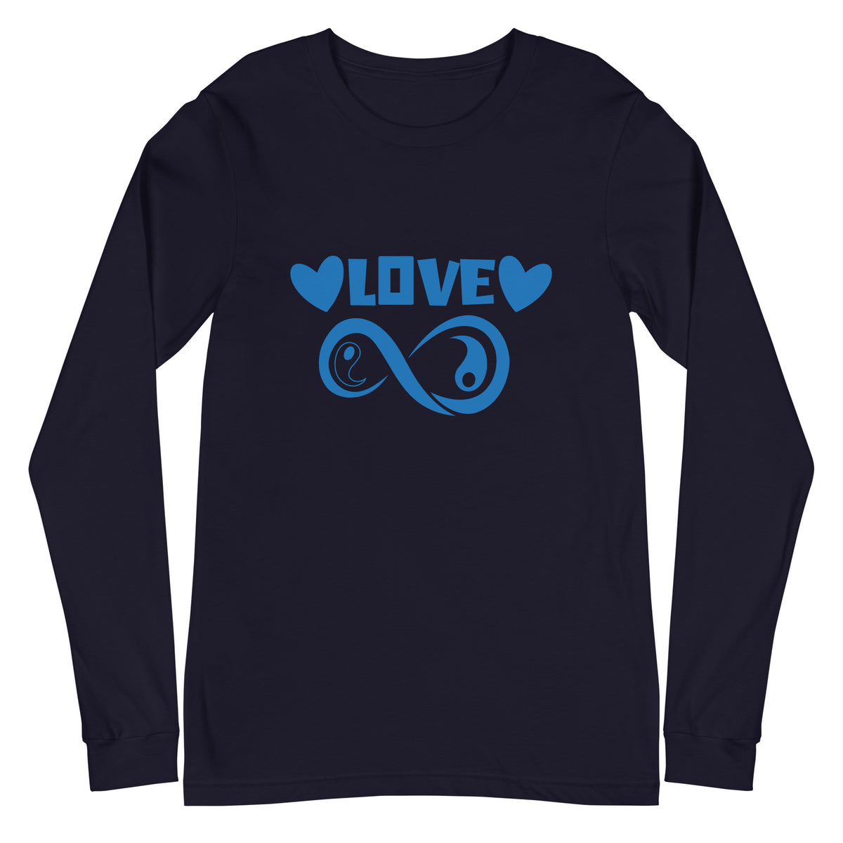Infinite Love design on a navy unisex long sleeve tee, front view