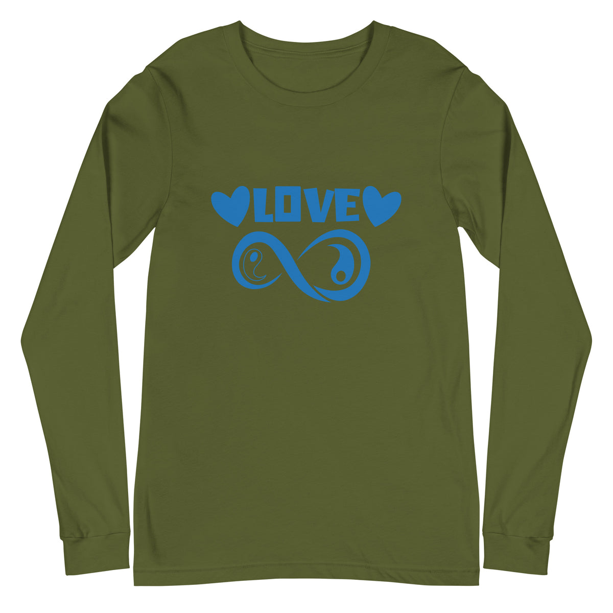 Infinite Love design on an olive unisex long sleeve tee, front view