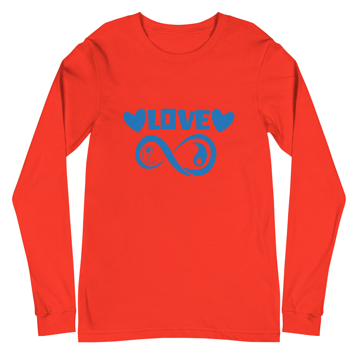 Infinite Love design on a poppy unisex long sleeve tee, front view