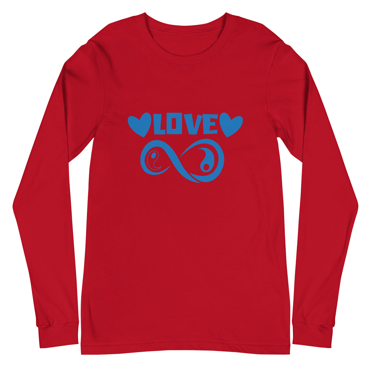 Infinite Love design on a red unisex long sleeve tee, front view