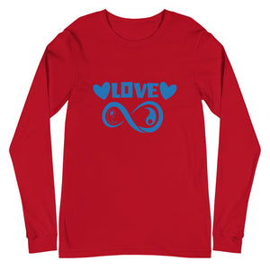 Infinite Love design on a red unisex long sleeve tee, front view