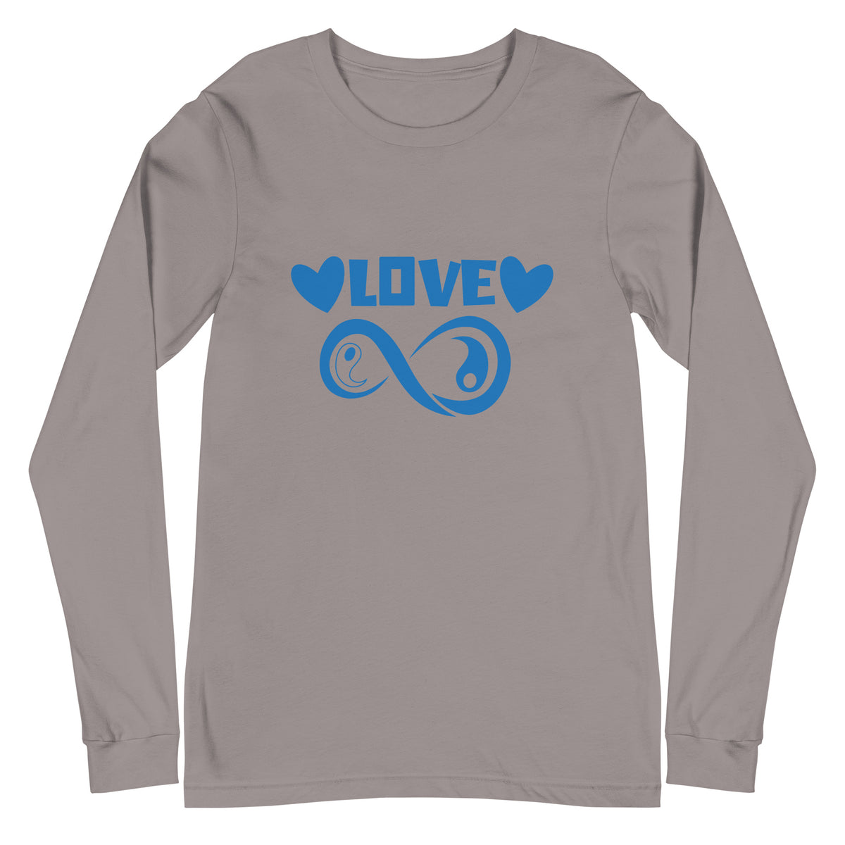 Infinite Love design on a storm unisex long sleeve tee, front view