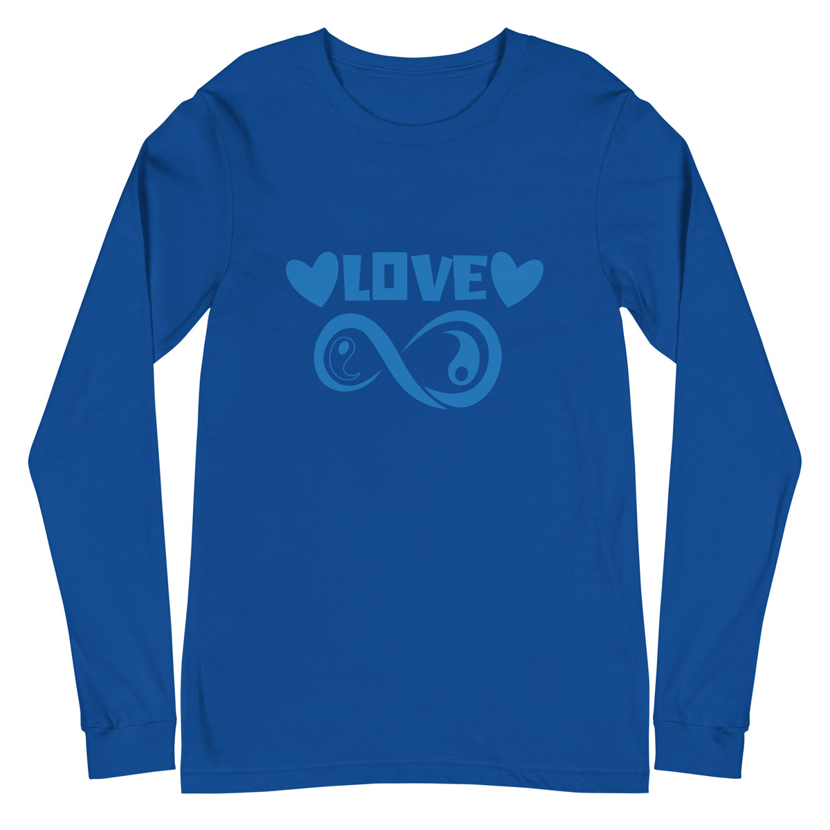 Infinite Love design on a true royal unisex long sleeve tee, front view