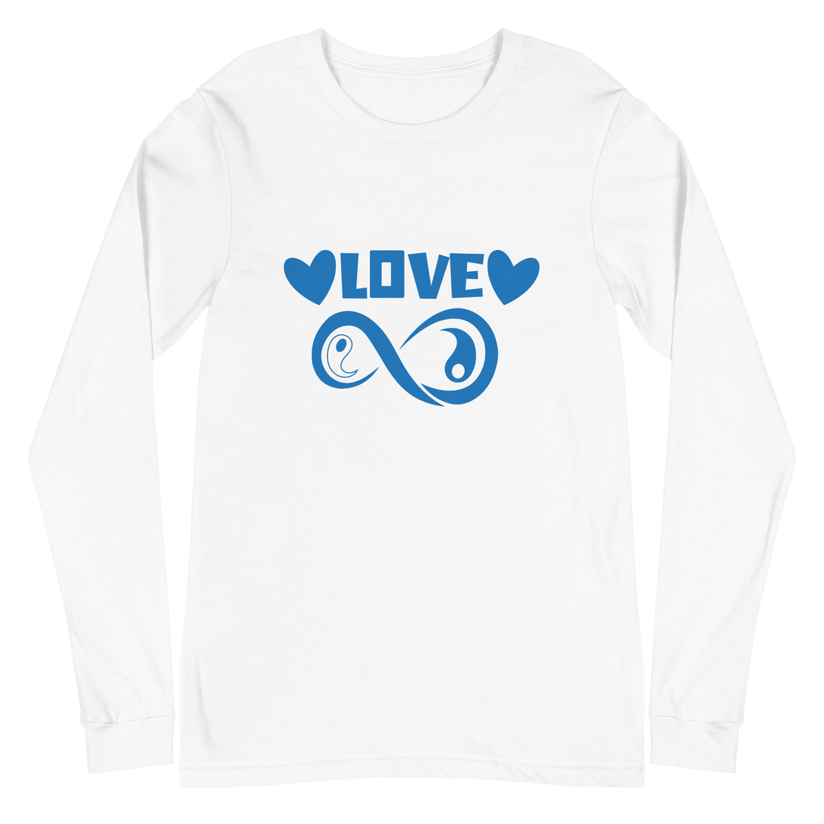 Infinite Love design on a white unisex long sleeve tee, front view