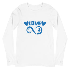 Infinite Love design on a white unisex long sleeve tee, front view