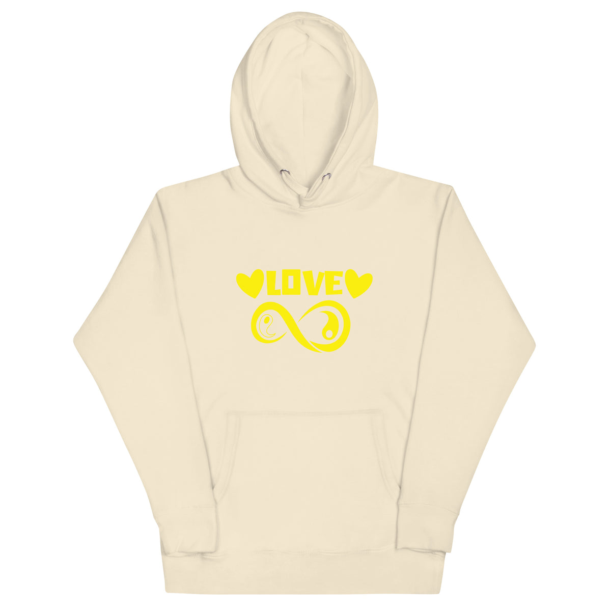 Infinite Love design on a bone unisex hoodie, front view