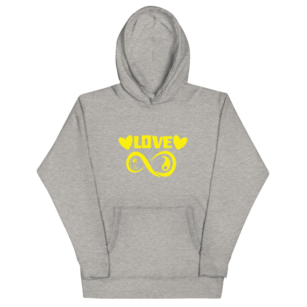 Infinite Love design on a carbon grey unisex hoodie, front view