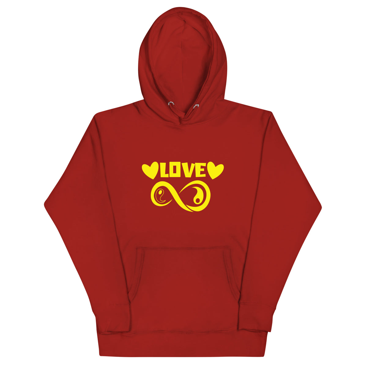 Infinite Love design on a cardinal unisex hoodie, front view