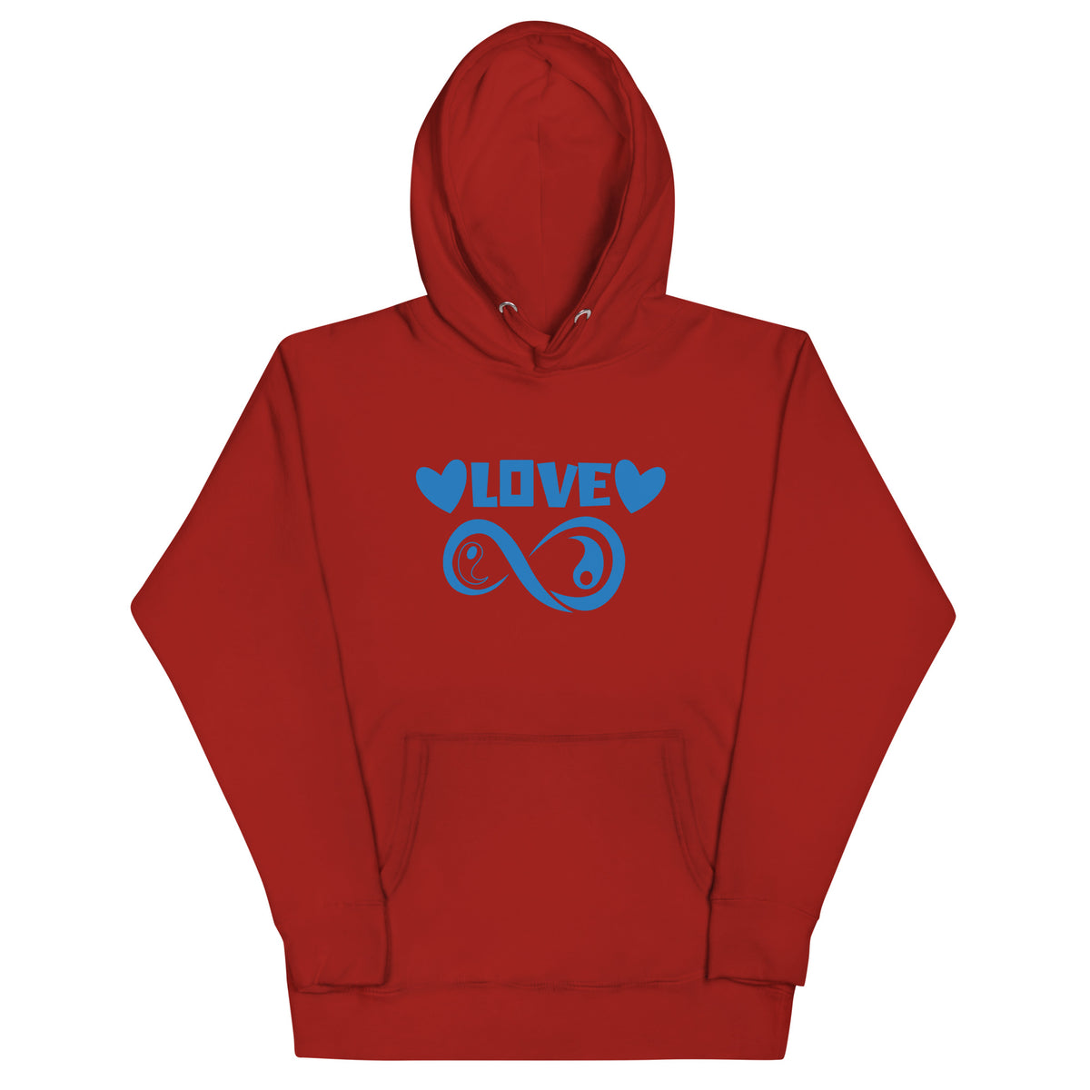 Infinite Love design on a cardinal unisex hoodie, front view