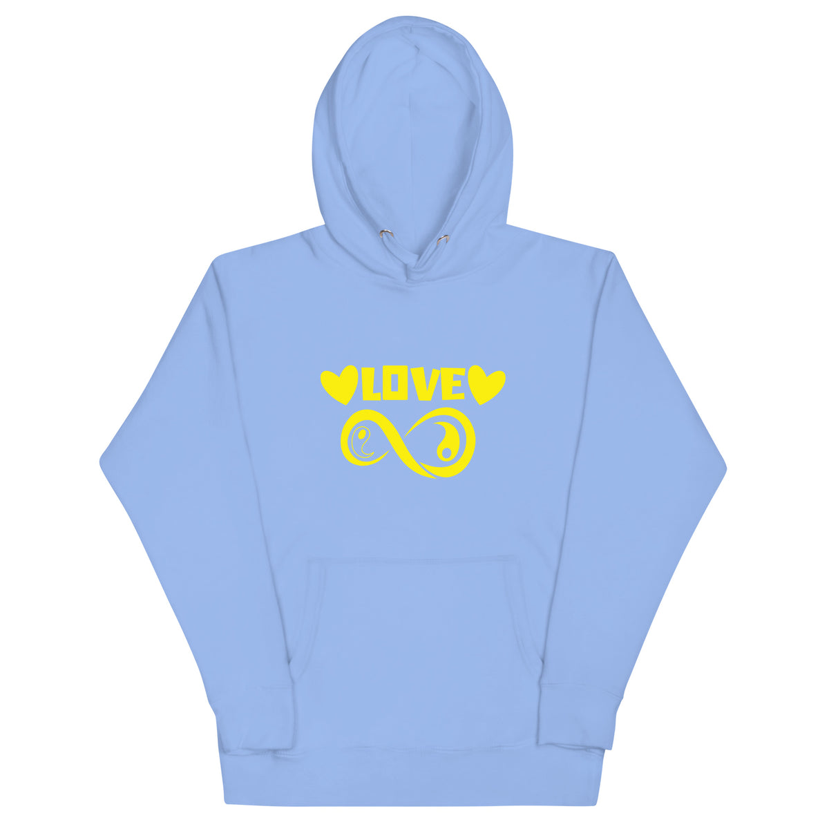 Infinite Love design on a carolina blue unisex hoodie, front view