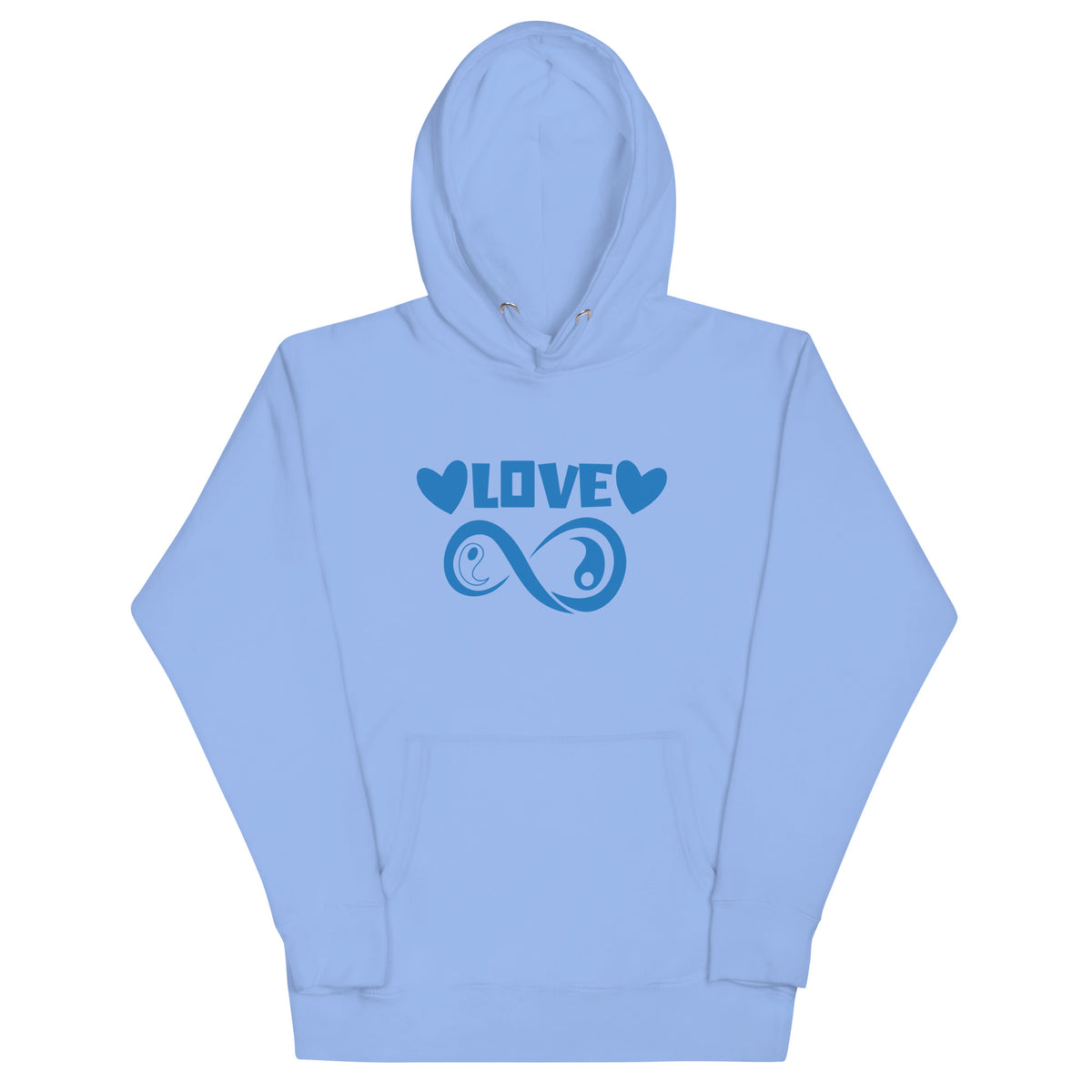Infinite Love design on a carolina blue unisex hoodie, front view