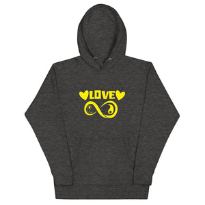 Infinite Love design on a charcoal heather unisex hoodie, front view