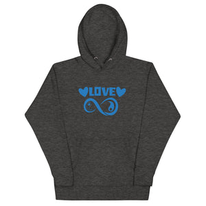 Infinite Love design on a charcoal heather unisex hoodie, front view