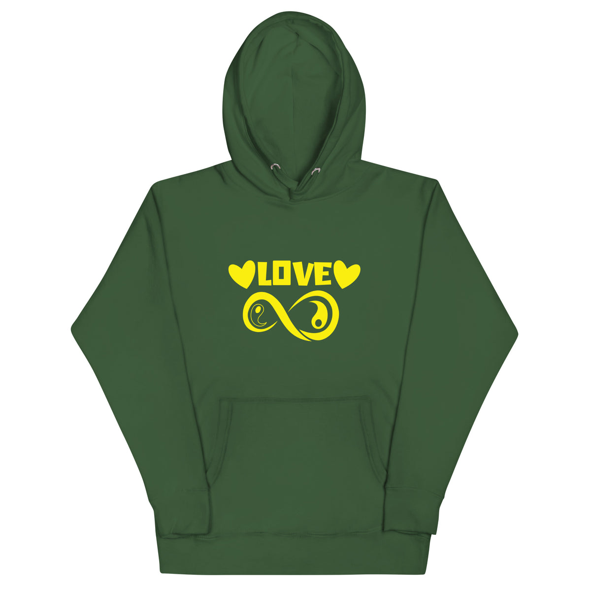 Infinite Love design on a forest green unisex hoodie, front view