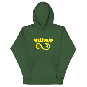 Infinite Love design on a forest green unisex hoodie, front view
