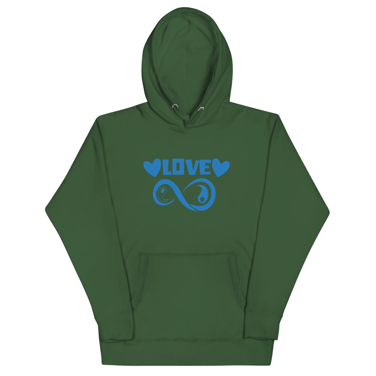 Infinite Love design on a forest green unisex hoodie, front view