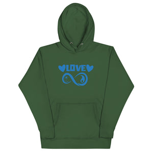 Infinite Love design on a forest green unisex hoodie, front view