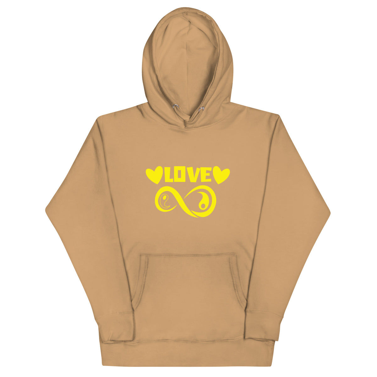 Infinite Love design on a khaki unisex hoodie, front view