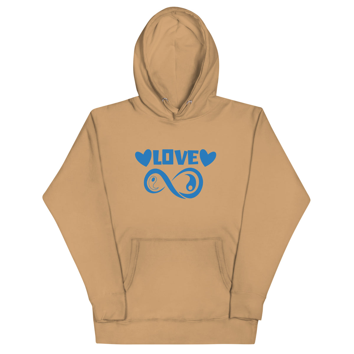 Infinite Love design on a khaki unisex hoodie, front view