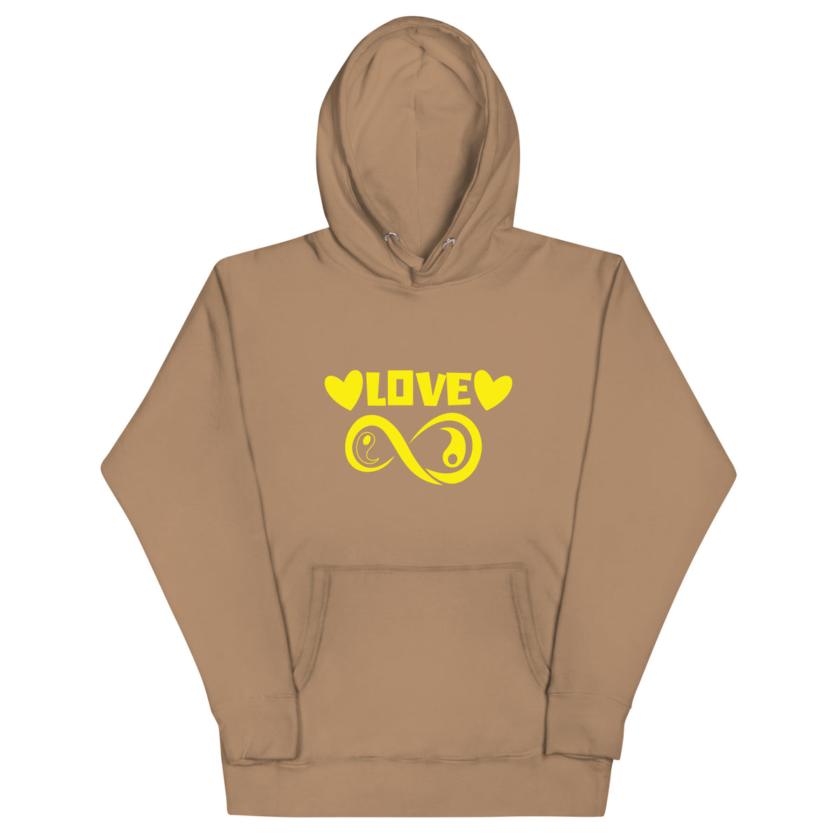 Infinite Love design on a latte unisex hoodie, front view