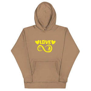 Infinite Love design on a latte unisex hoodie, front view