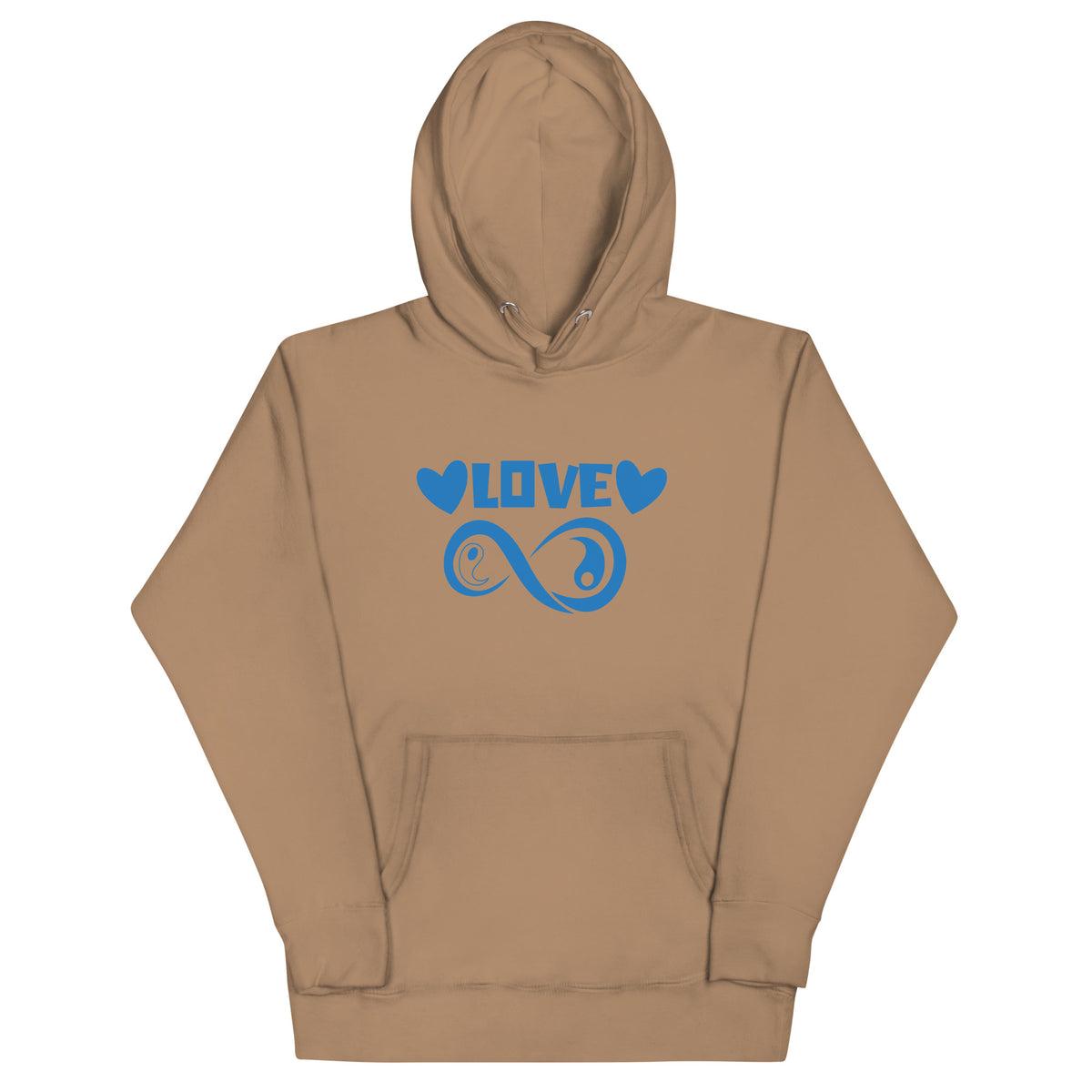 Infinite Love design on a latte unisex hoodie, front view