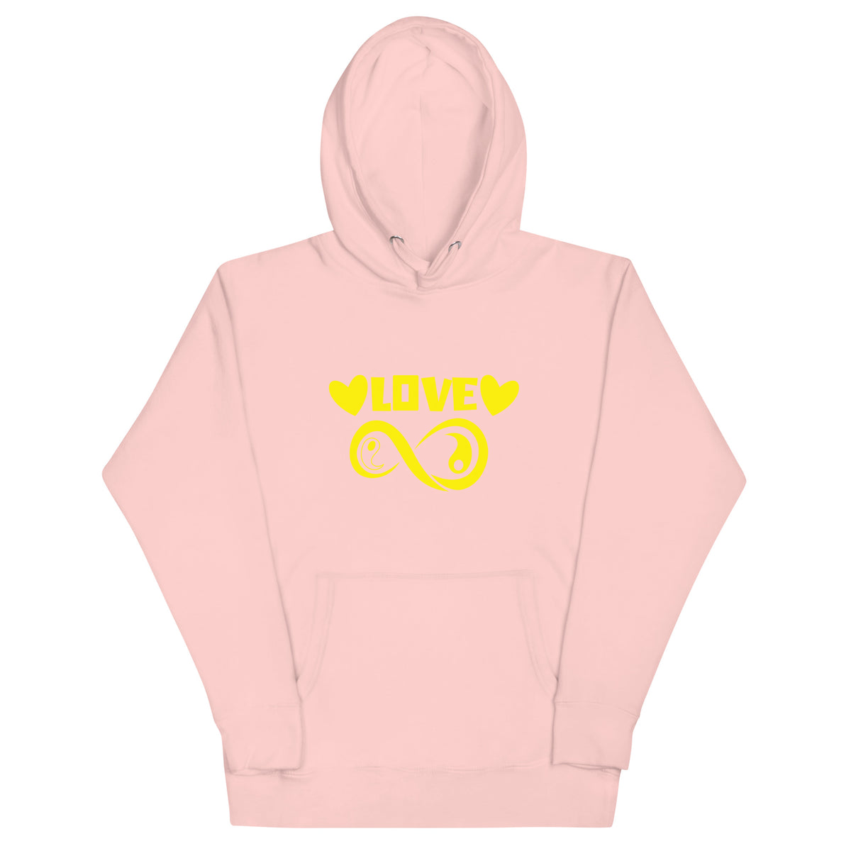 Infinite Love design on a light pink unisex hoodie, front view