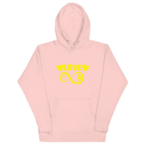 Infinite Love design on a light pink unisex hoodie, front view