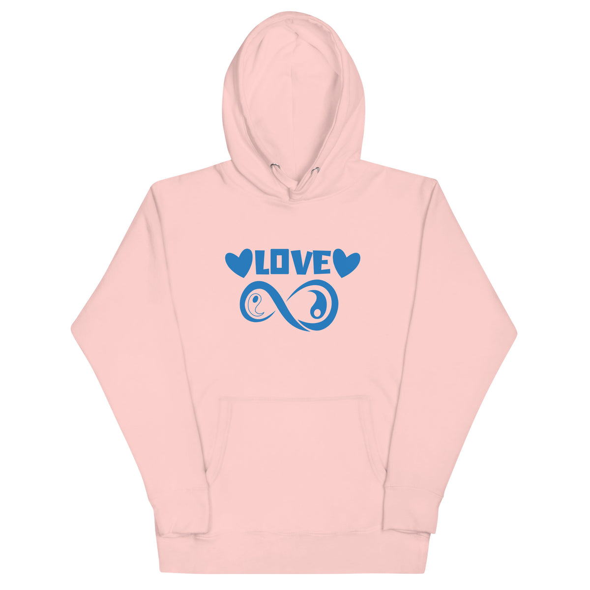Infinite Love design on a light pink unisex hoodie, front view
