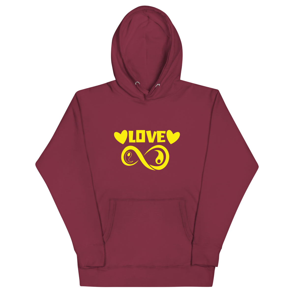 Infinite Love design on a maroon unisex hoodie, front view
