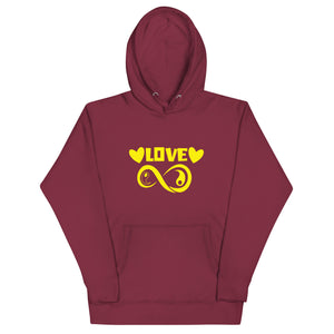 Infinite Love design on a maroon unisex hoodie, front view