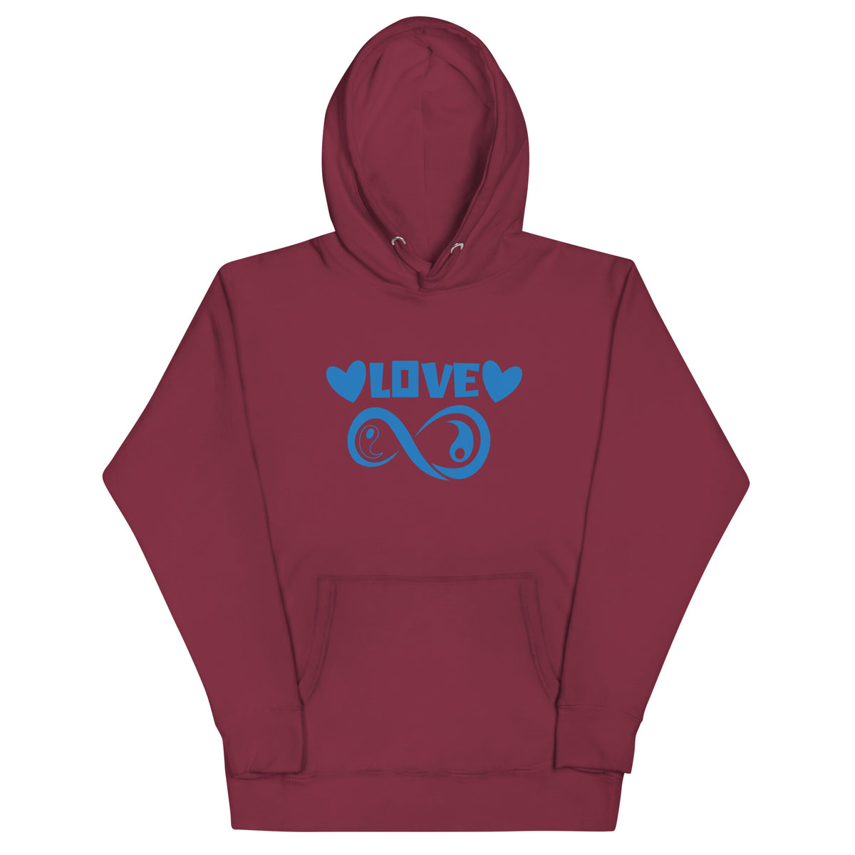 Infinite Love design on a maroon unisex hoodie, front view