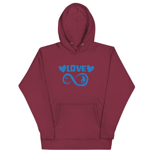 Infinite Love design on a maroon unisex hoodie, front view