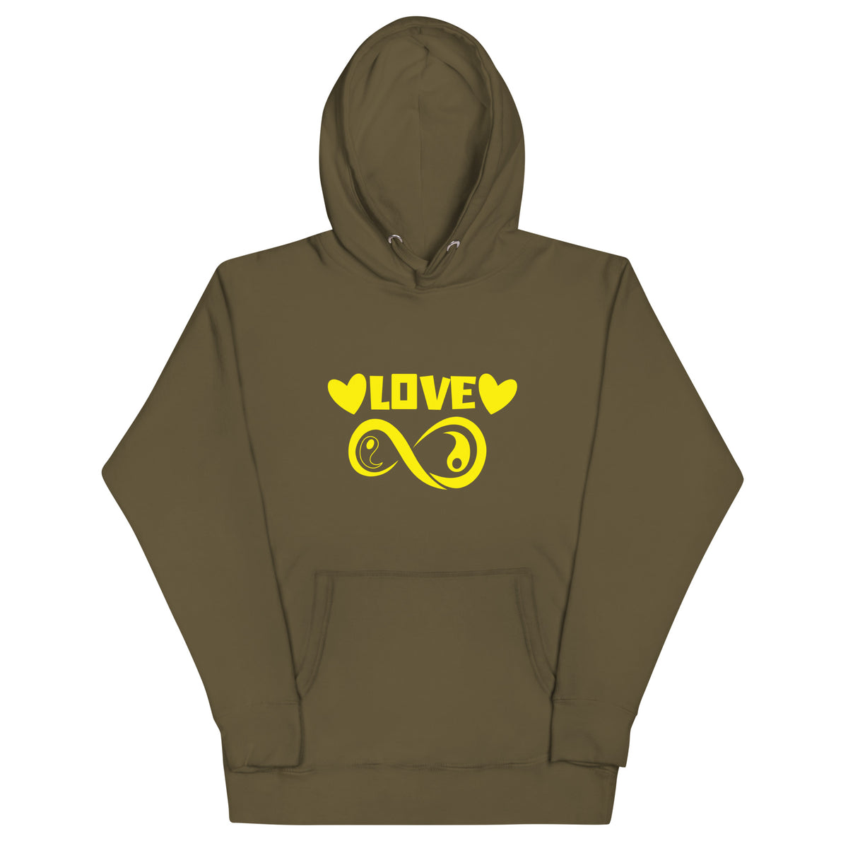 Infinite Love design on a military green unisex hoodie, front view