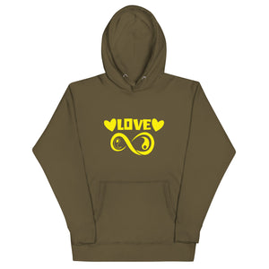 Infinite Love design on a military green unisex hoodie, front view