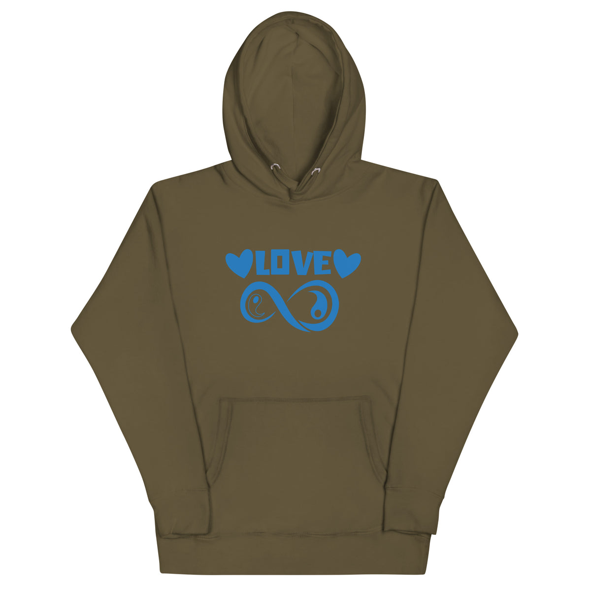 Infinite Love design on a military green unisex hoodie, front view