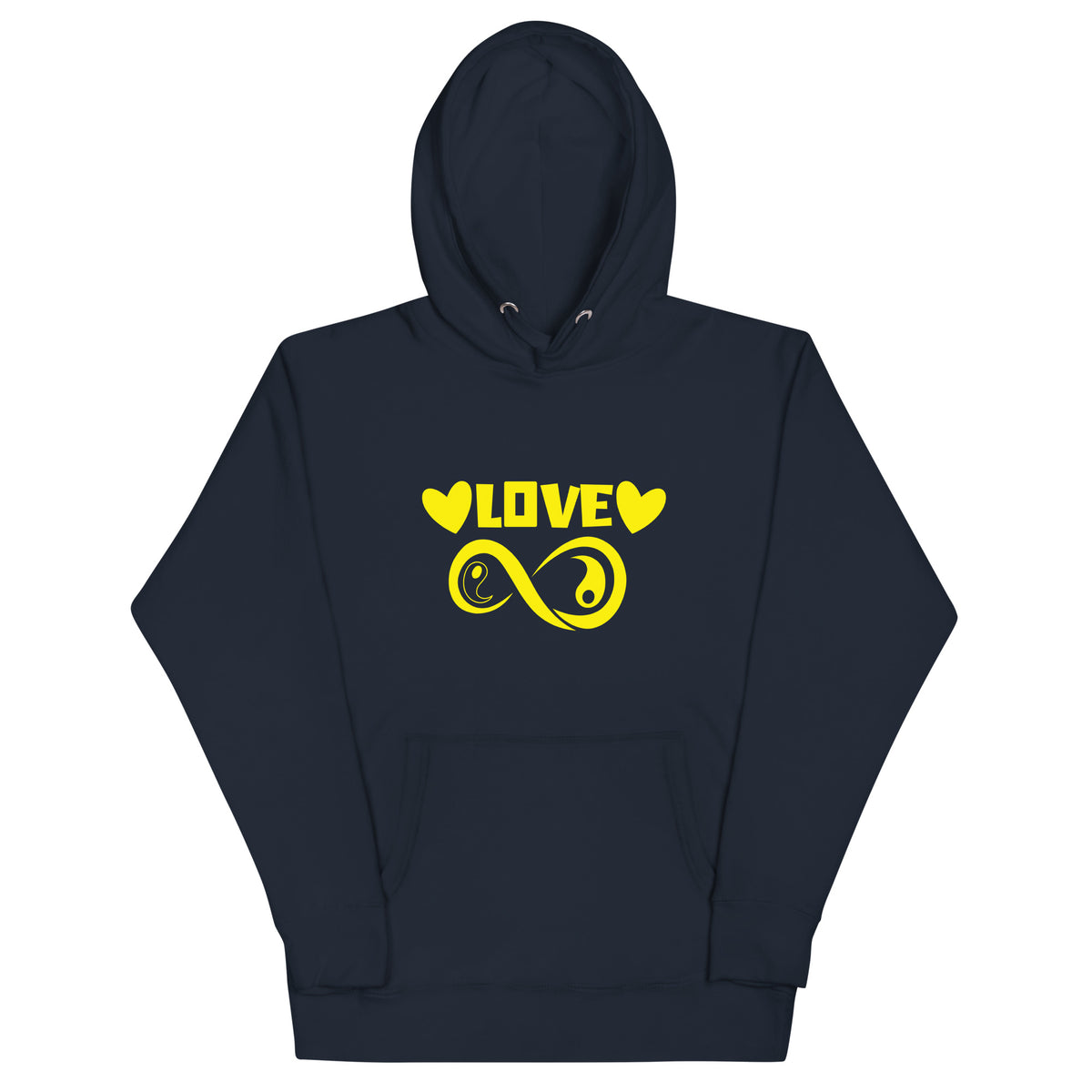Infinite Love design on a navy blazer unisex hoodie, front view
