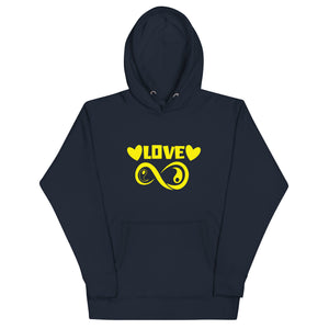 Infinite Love design on a navy blazer unisex hoodie, front view