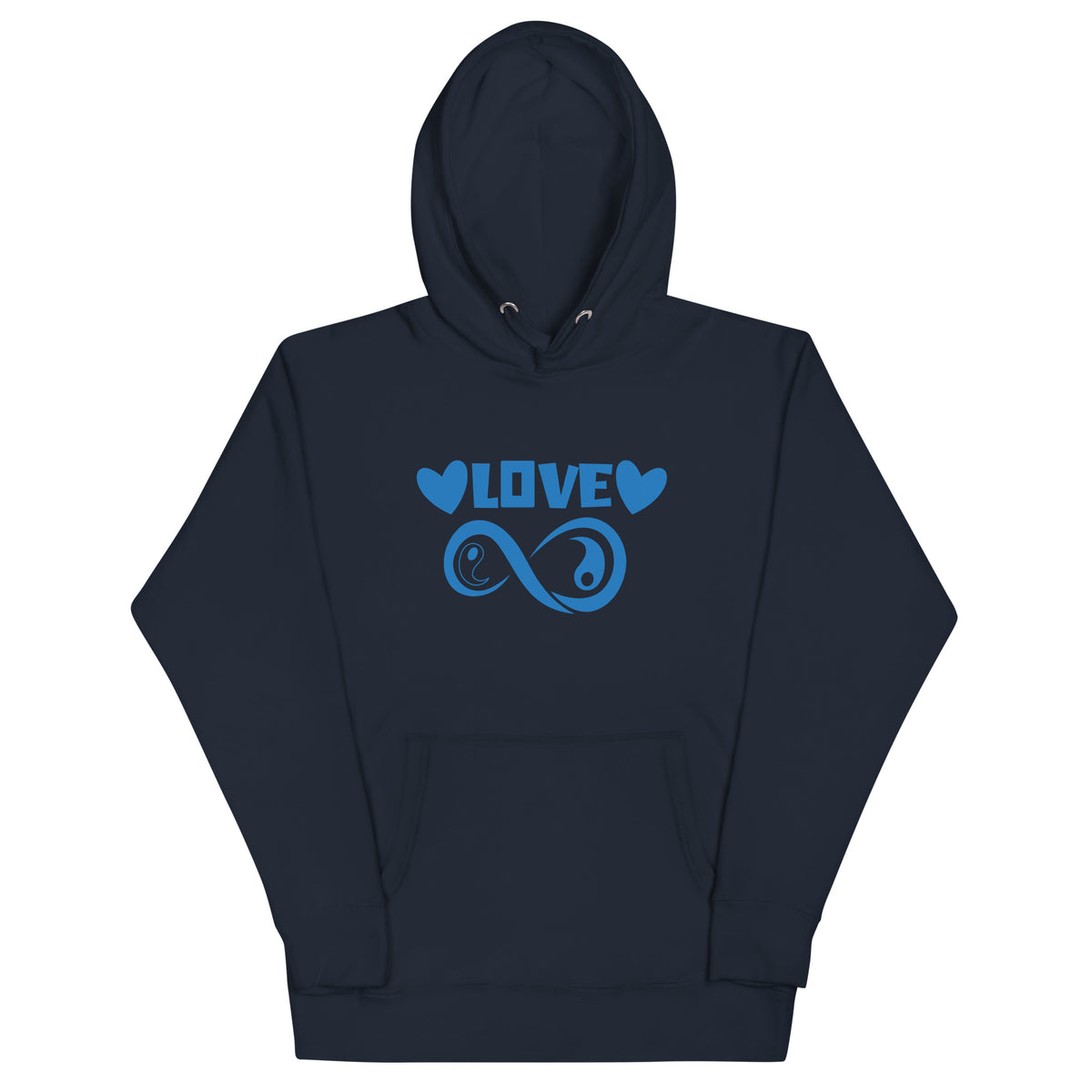 Infinite Love design on a navy blazer unisex hoodie, front view
