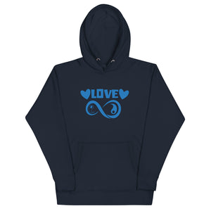 Infinite Love design on a navy blazer unisex hoodie, front view