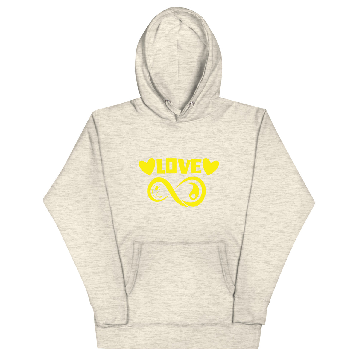Infinite Love design on an oatmeal heather unisex hoodie, front view