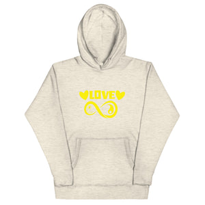 Infinite Love design on an oatmeal heather unisex hoodie, front view