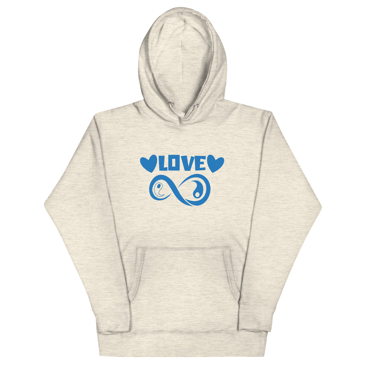 Infinite Love design on an oatmeal heather unisex hoodie, front view