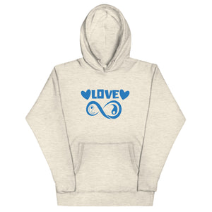 Infinite Love design on an oatmeal heather unisex hoodie, front view