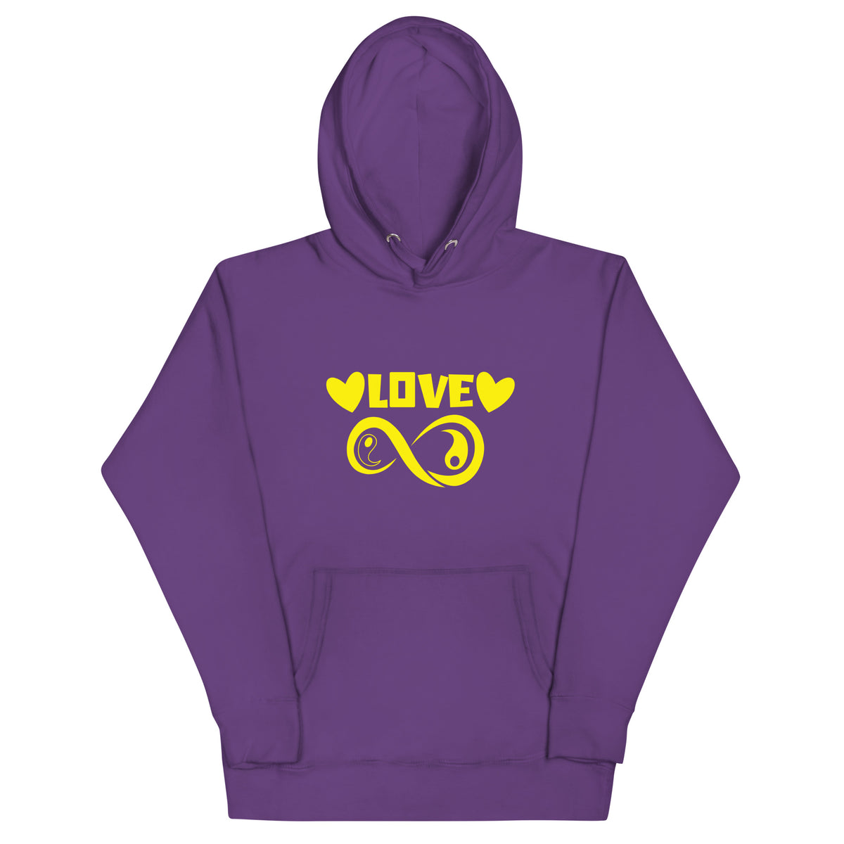 Infinite Love design on a purple unisex hoodie, front view