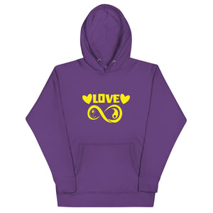 Infinite Love design on a purple unisex hoodie, front view