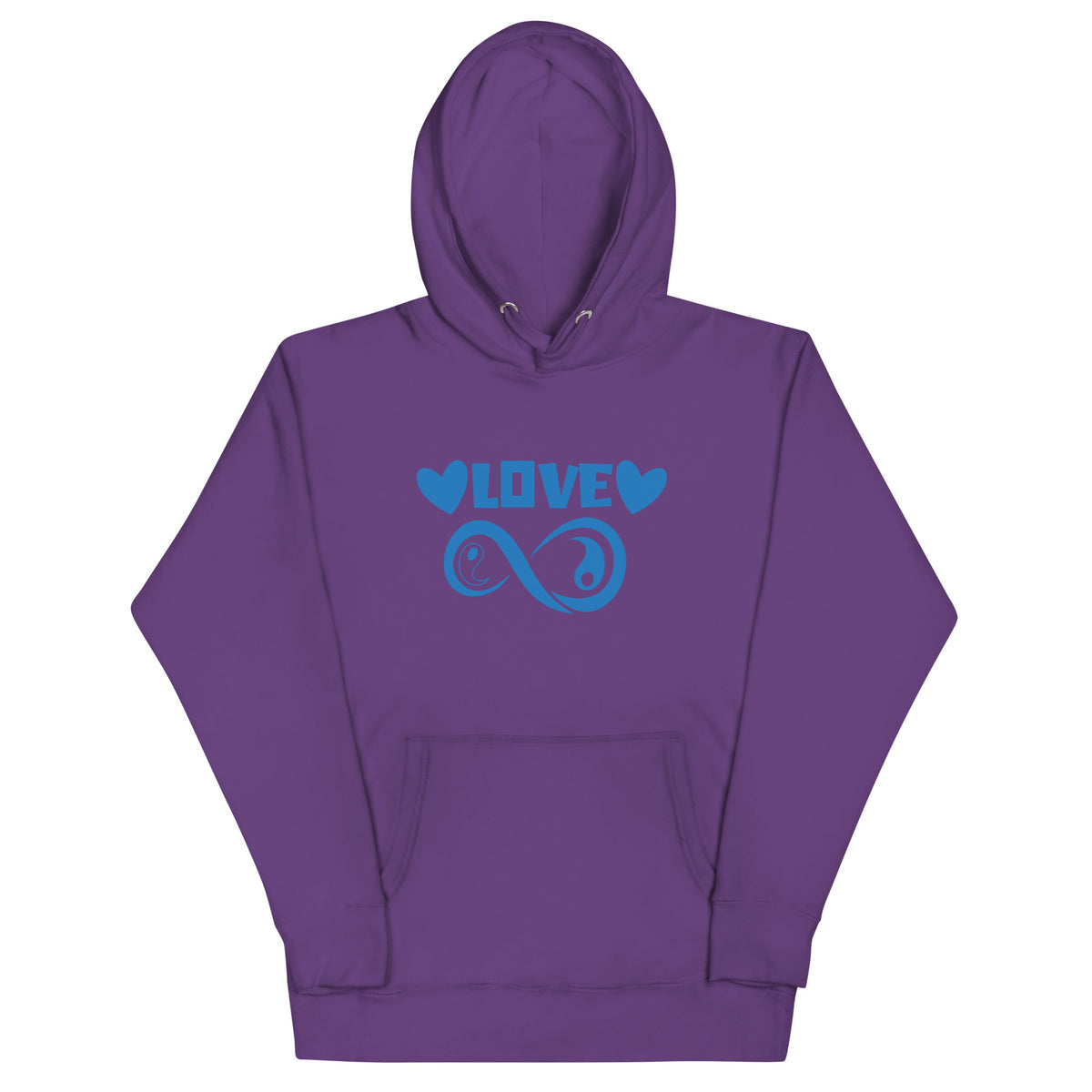 Infinite Love design on a purple unisex hoodie, front view